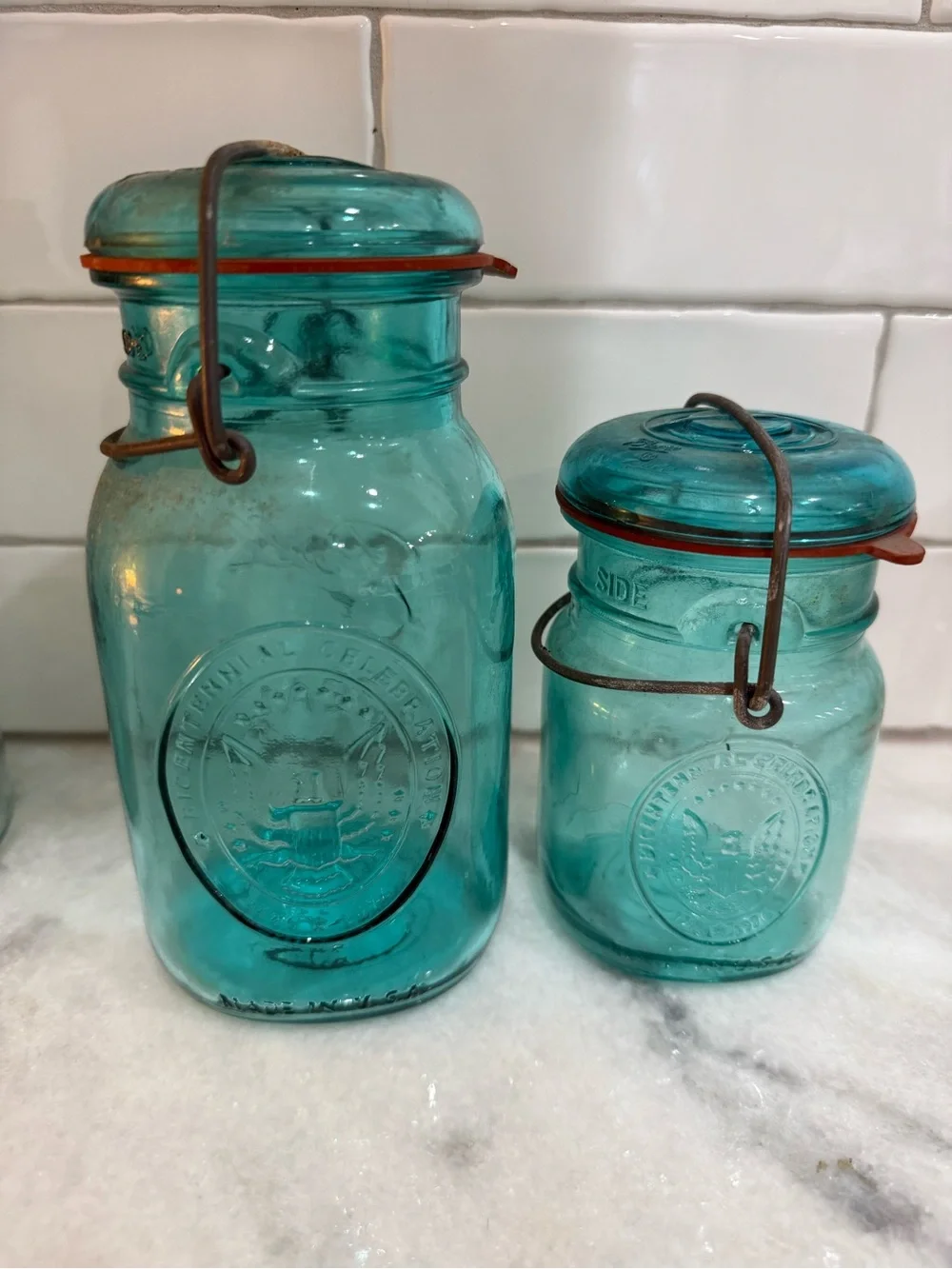 Aqua Glass Storage Jars with Wire Bail Lids - Set of 2